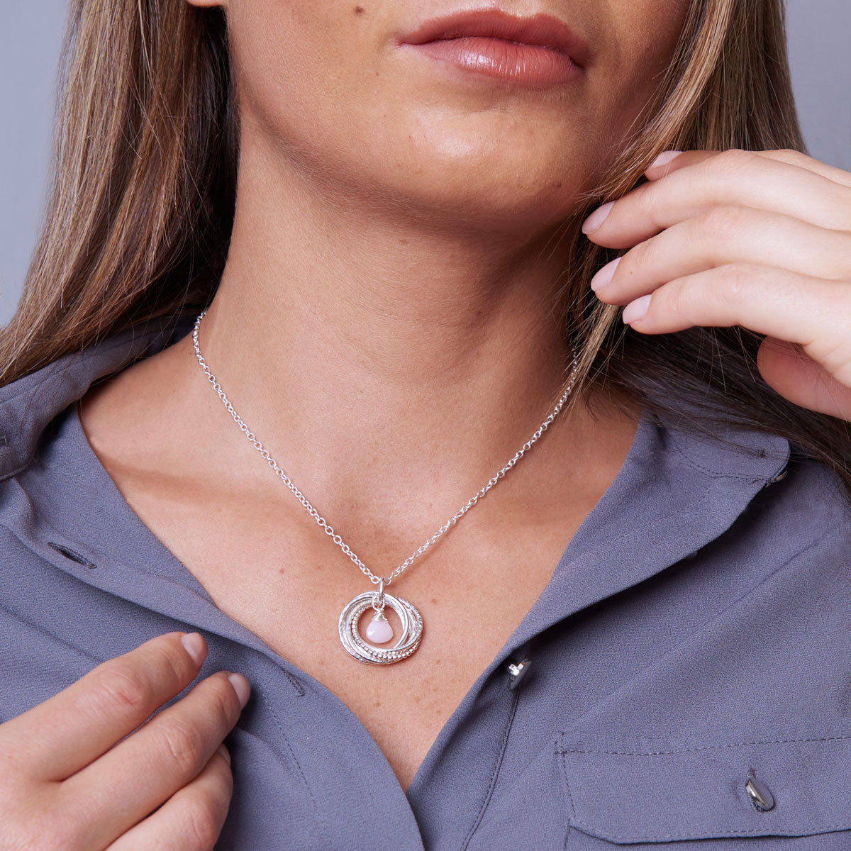 40th Birthday Birthstone Necklace – 4 Rings for 4 Decades – Sterling Silver – Textured