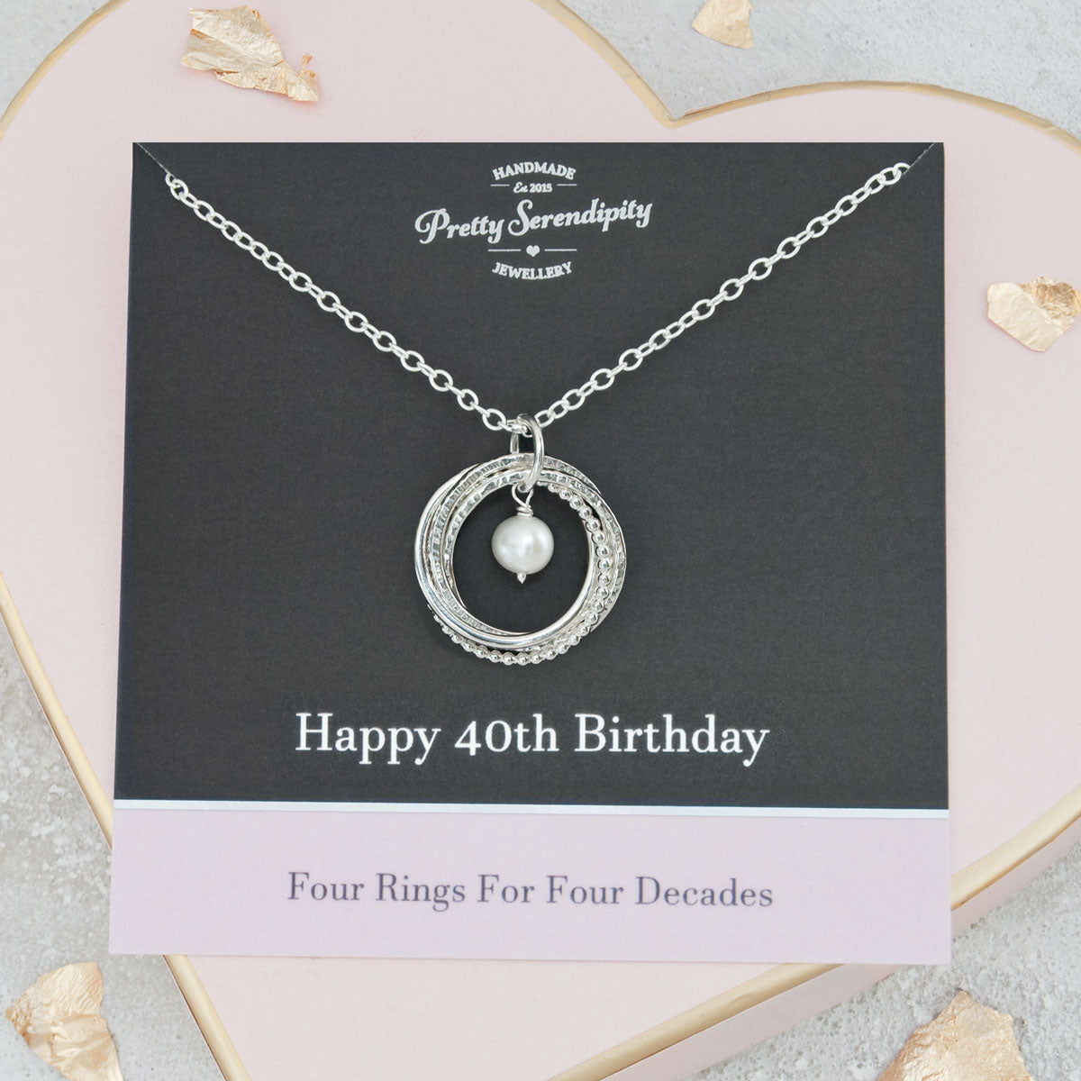 40th Birthday Birthstone Necklace – 4 Rings for 4 Decades – Sterling Silver – Textured
