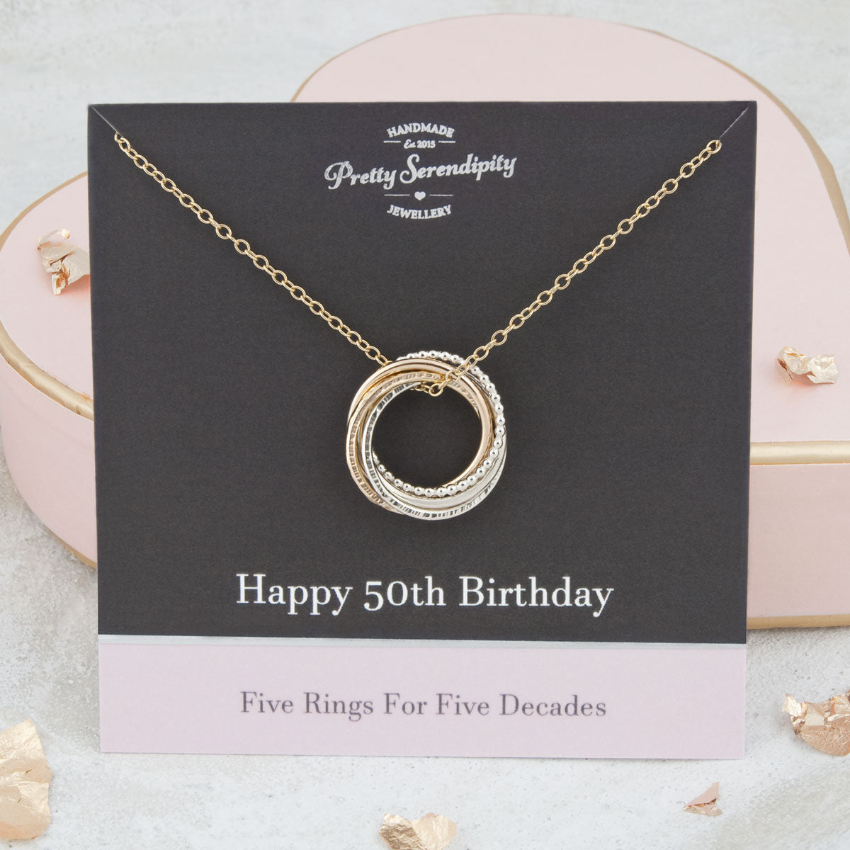 50th Birthday Necklace – 5 Rings for 5 Decades – Silver and Gold