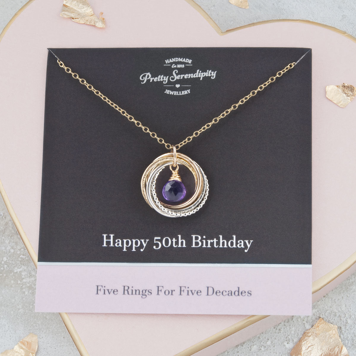 50th Birthday Birthstone Necklace – 5 Rings for 5 Decades – Silver and Gold