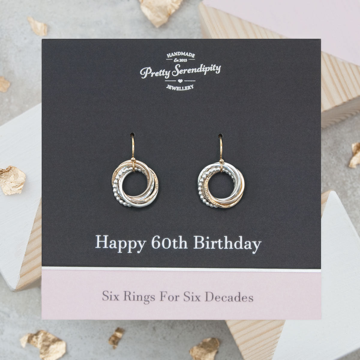 60th Birthday Earrings – 6 Rings for 6 Decades – Silver and Gold