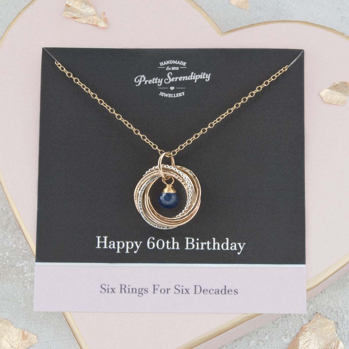 60th Birthday Birthstone Necklace – 6 Rings for 6 Decades – Silver and Gold