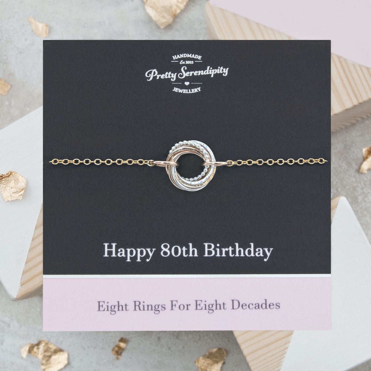 80th Birthday Bracelet – 8 Rings for 8 Decades – Silver and Gold