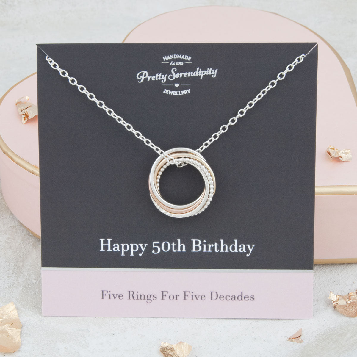 50th Birthday Necklace – 5 Rings for 5 Decades – 9ct Gold and Silver