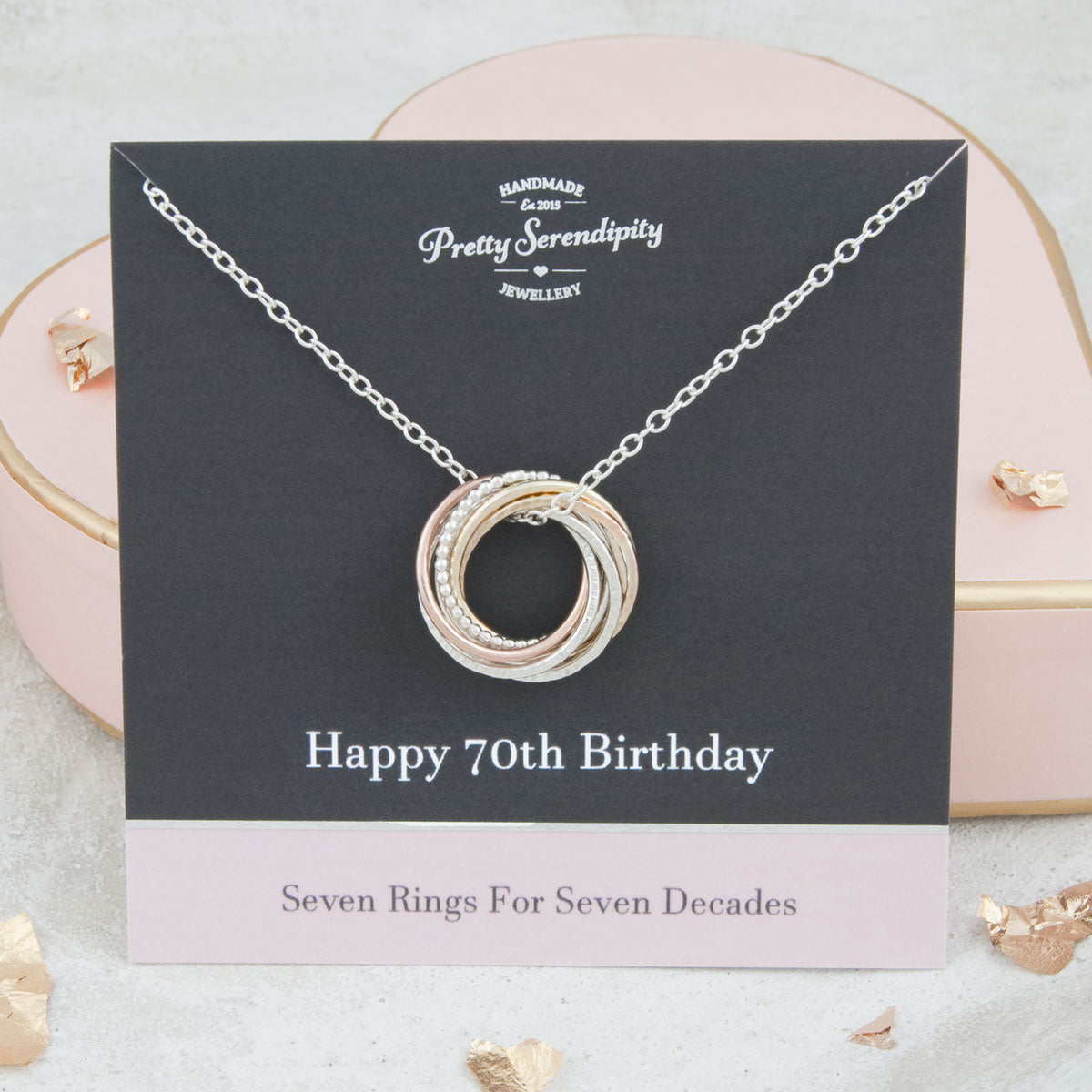 70th Birthday Necklace – 7 Rings for 7 Decades – 9ct Gold and Silver