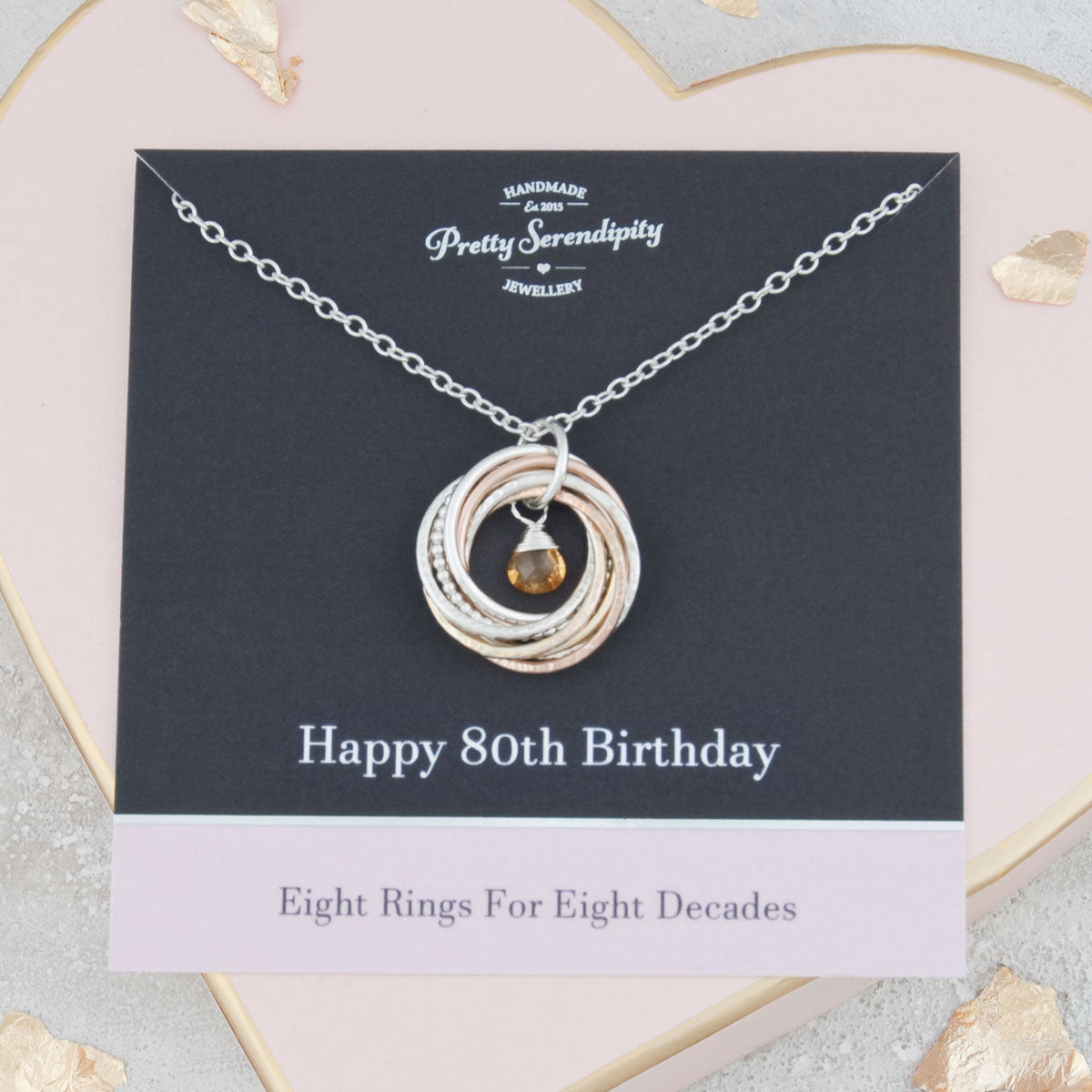 80th Birthday Birthstone Necklace – 8 Rings for 8 Decades – 9ct Gold and Silver