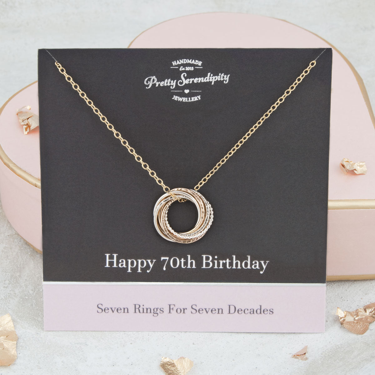 Mini 70th Birthday Necklace – 7 Rings for 7 Decades – Silver and Gold