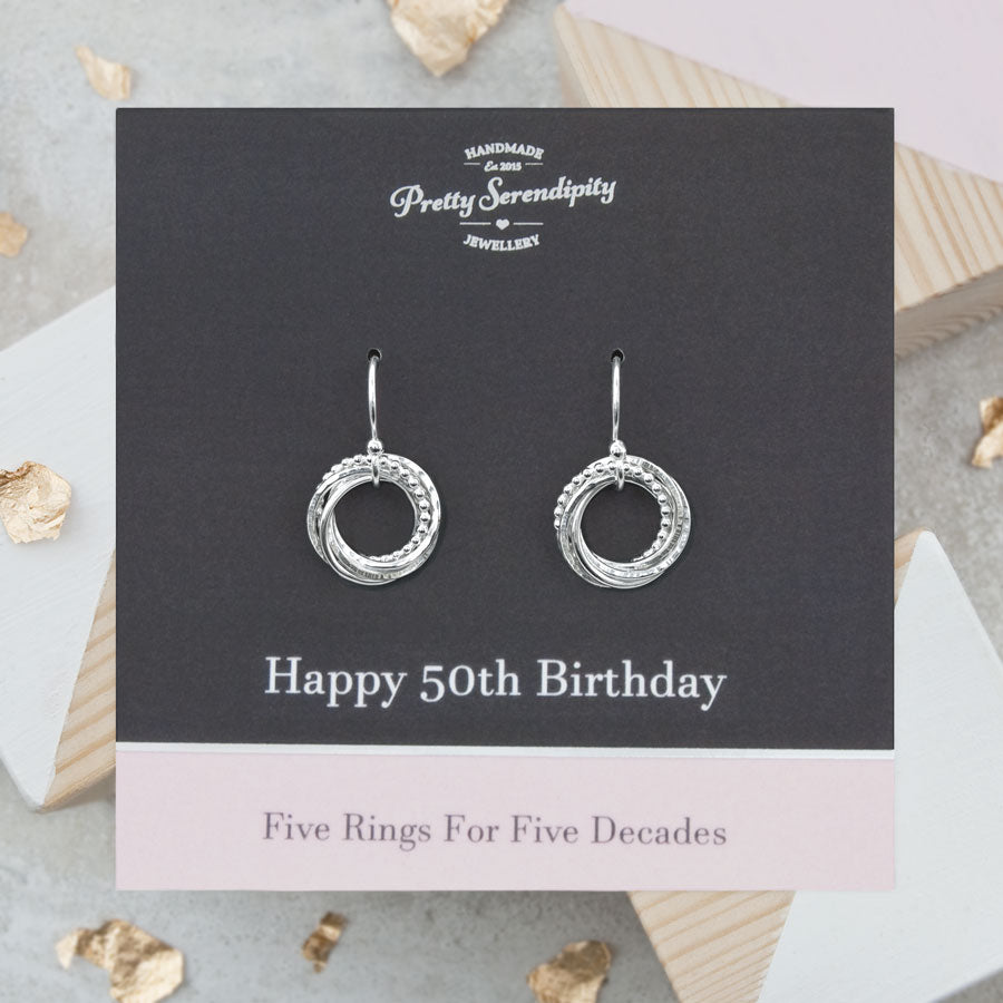 50th Birthday Earrings – 5 Rings for 5 Decades – Sterling Silver – Textured