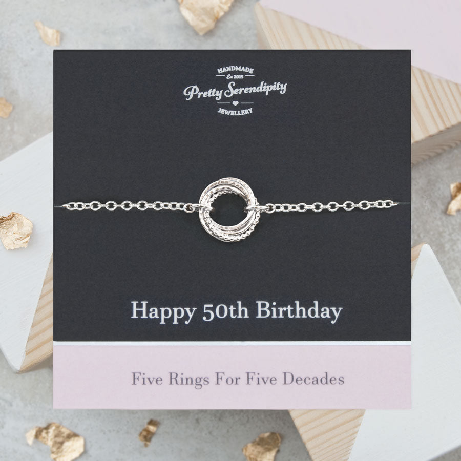 50th Birthday Bracelet – 5 Rings for 5 Decades – Sterling Silver – Textured