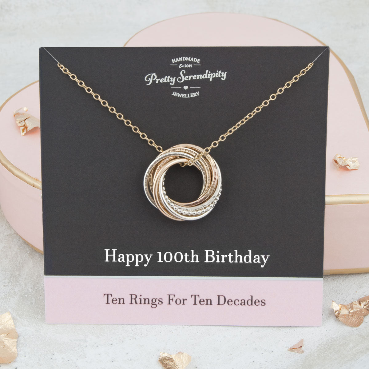 100th Birthday Necklace – 10 Rings for 10 Decades – Silver and Gold