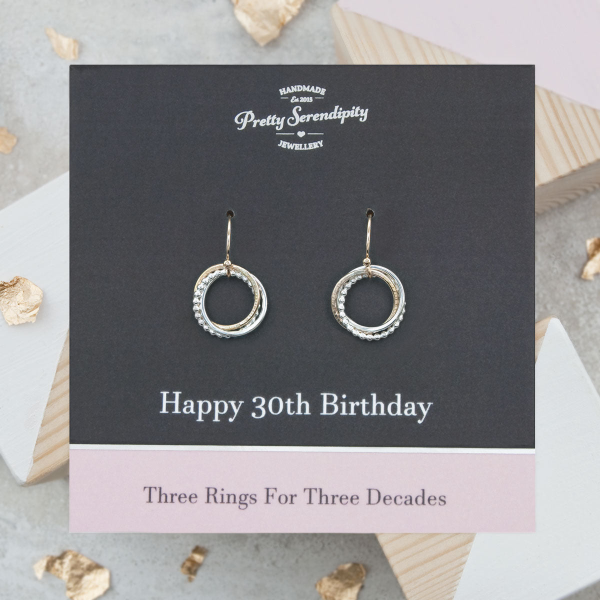 30th Birthday Earrings – 3 Rings for 3 Decades – Silver and Gold