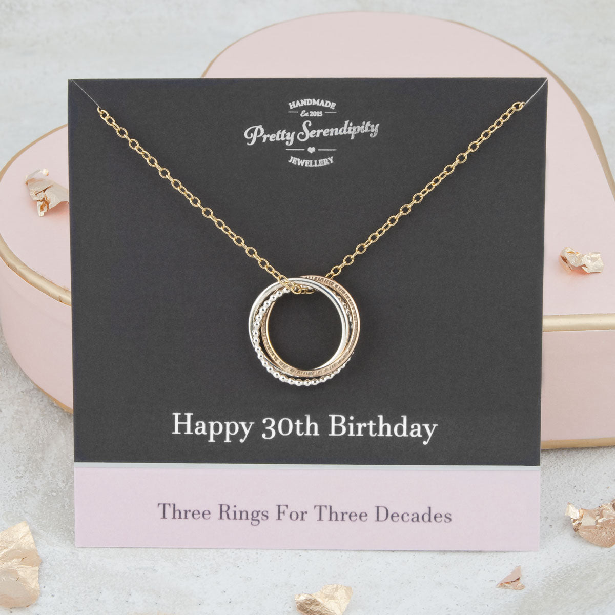 30th Birthday Necklace – 3 Rings for 3 Decades – Silver and Gold