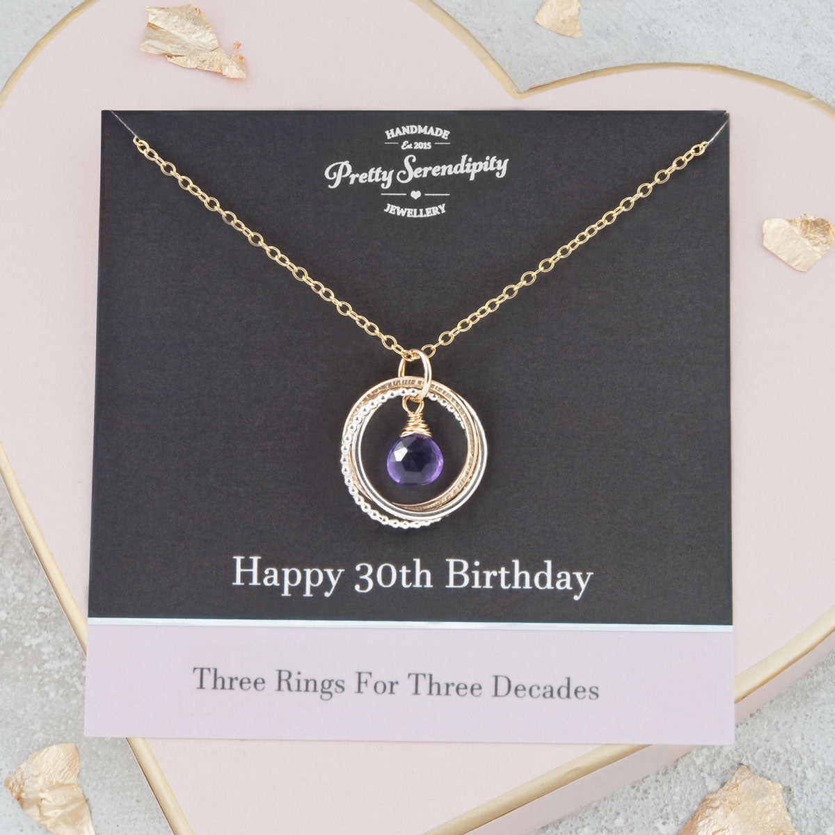 30th Birthday Birthstone Necklace – 3 Rings for 3 Decades – Silver and Gold