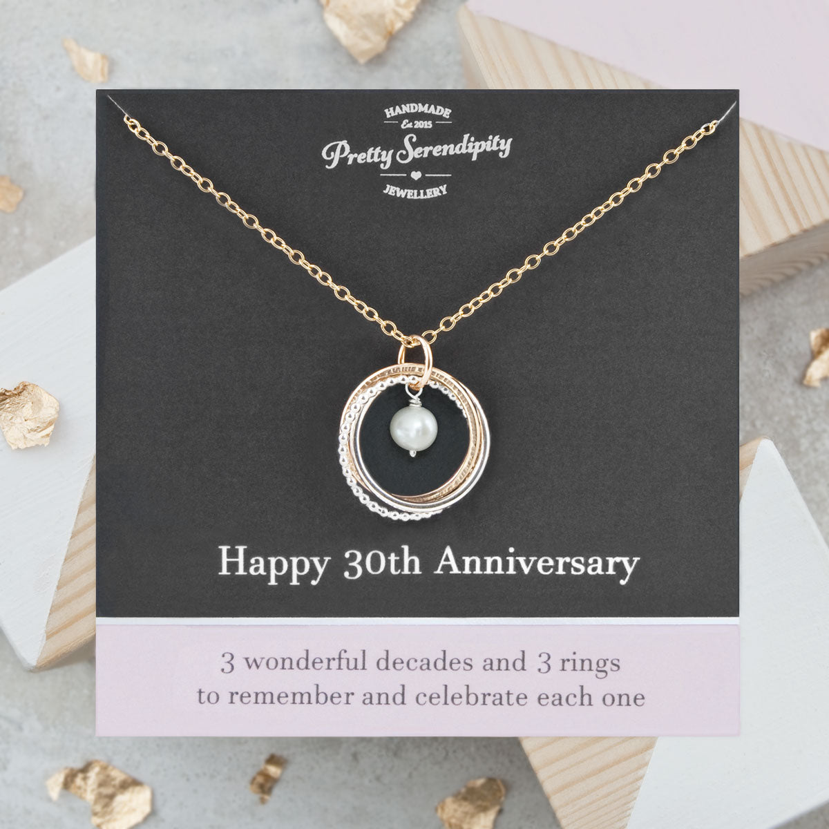 30th Pearl Wedding Anniversary Necklace – 3 Rings for 3 Decades – Silver and Gold