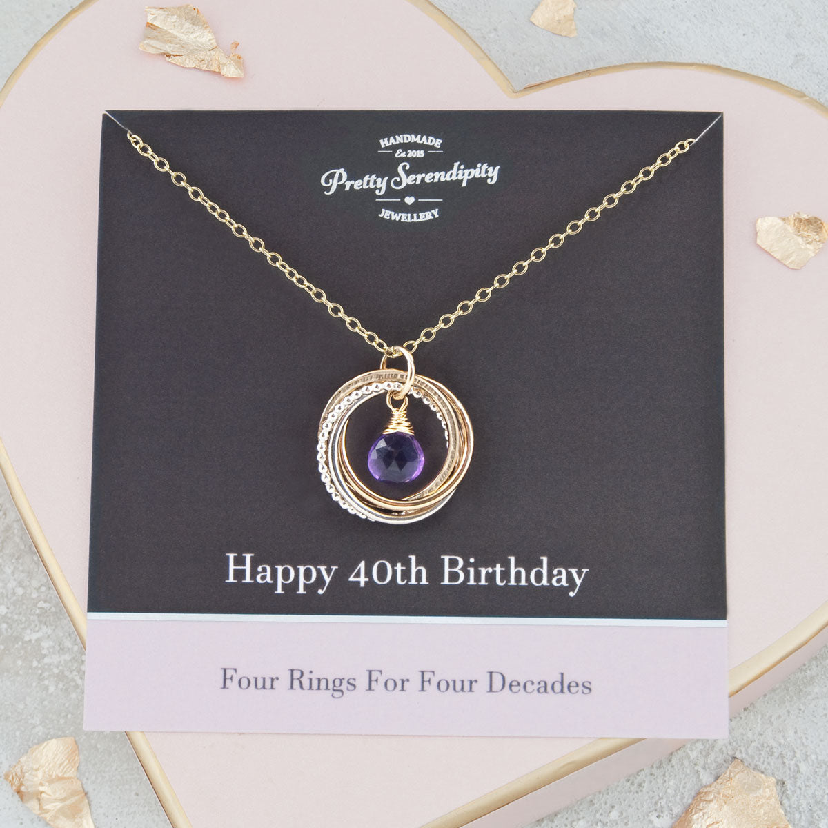 40th Birthday Birthstone Necklace – 4 Rings for 4 Decades – Silver and Gold