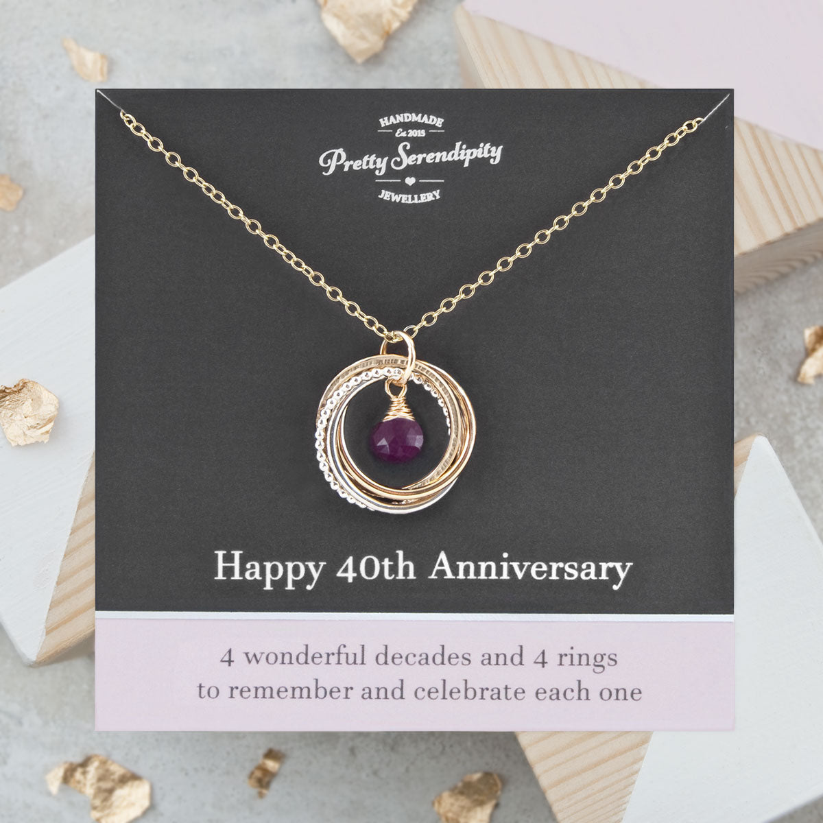 40th Ruby Wedding Anniversary Necklace – 4 Rings for 4 Decades – Silver and Gold