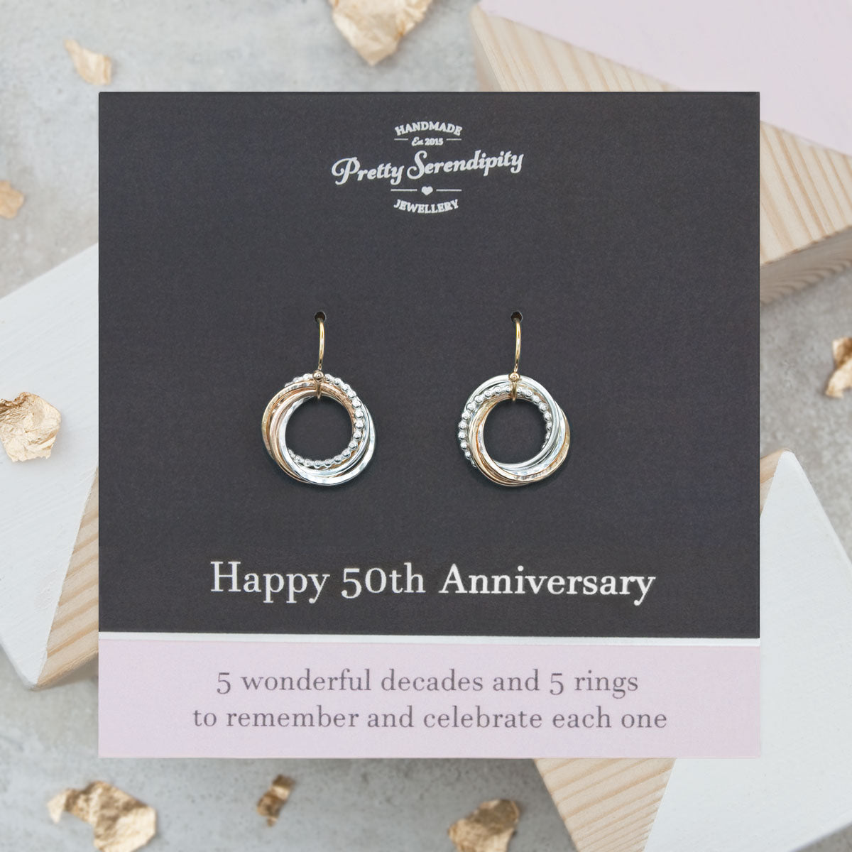50th Anniversary Earrings – 5 Rings for 5 Decades – Silver and Gold