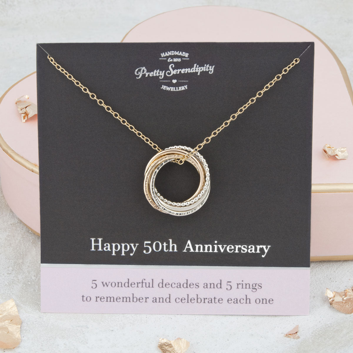 50th Anniversary Necklace – 5 Rings for 5 Decades – Silver and Gold