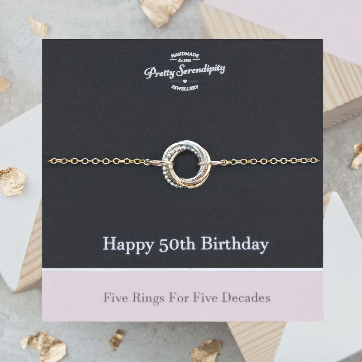 50th Birthday Bracelet – 5 Rings for 5 Decades – Silver and Gold