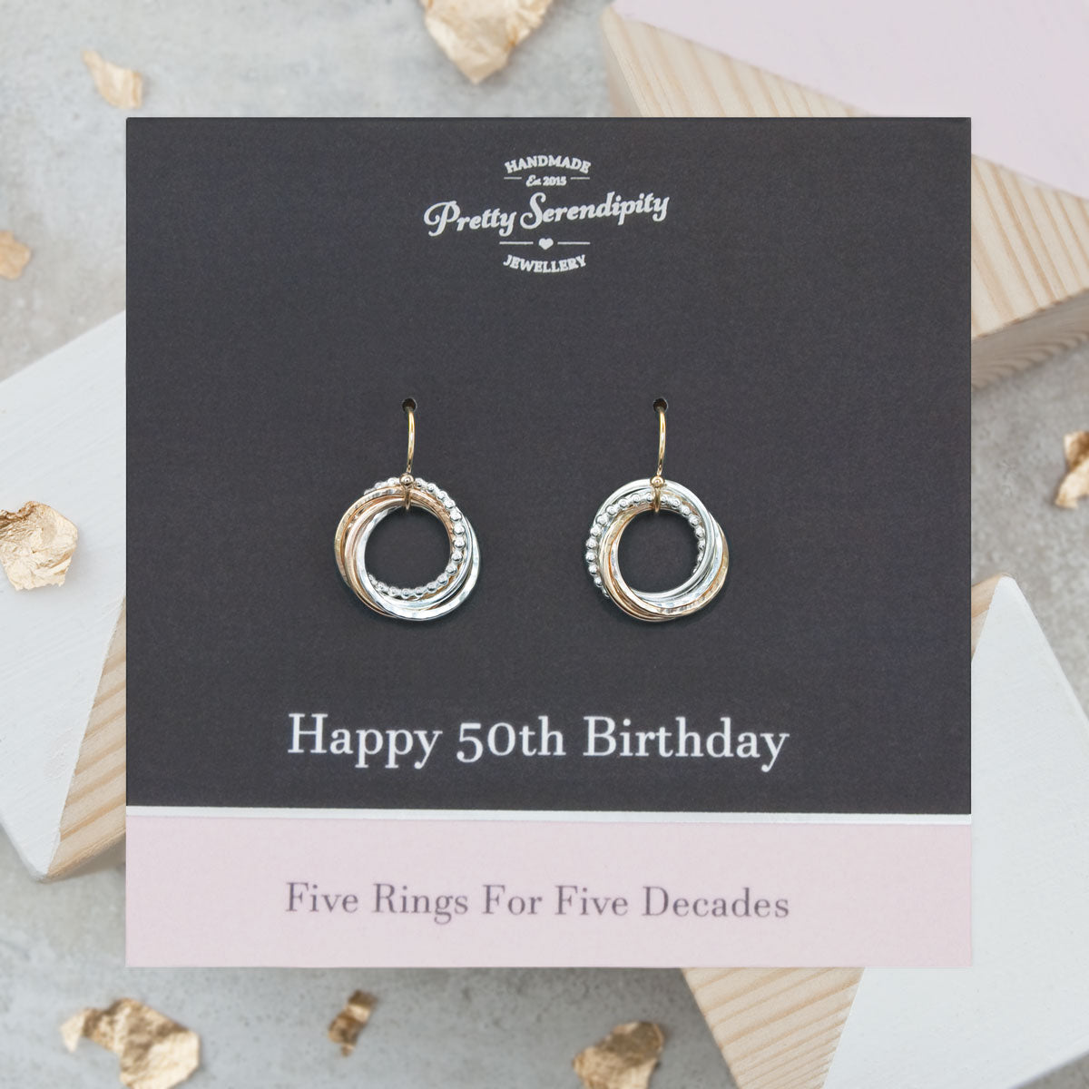 50th Birthday Earrings – 5 Rings for 5 Decades – Silver and Gold