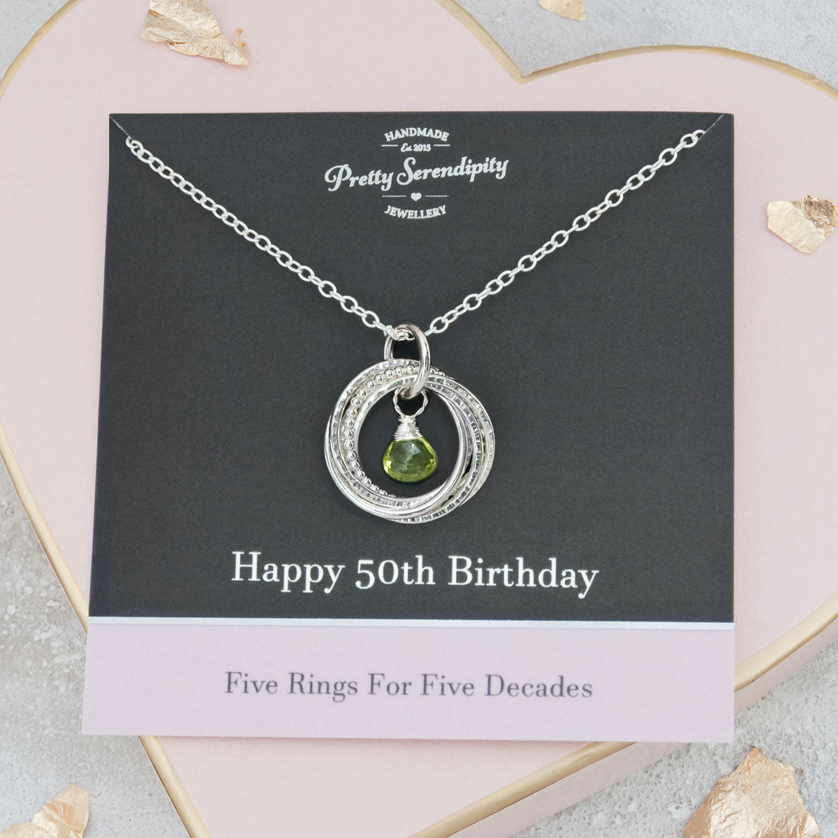 50th Birthday Birthstone Necklace – 5 Rings for 5 Decades – Sterling Silver – Textured