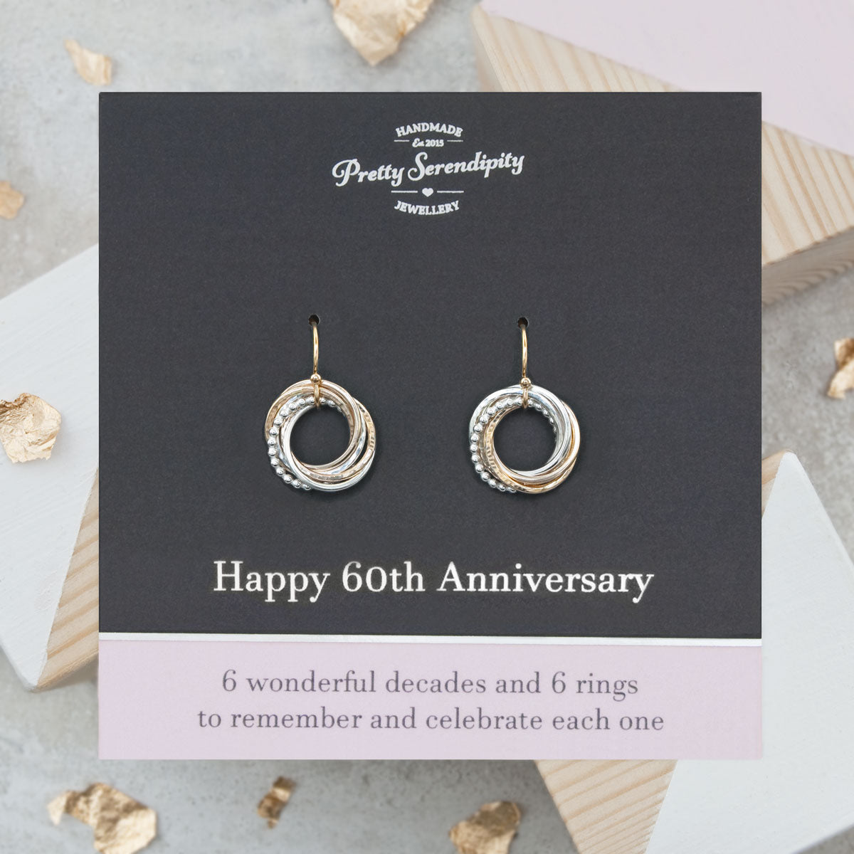 60th Anniversary Earrings – 6 Rings for 6 Decades – Silver and Gold