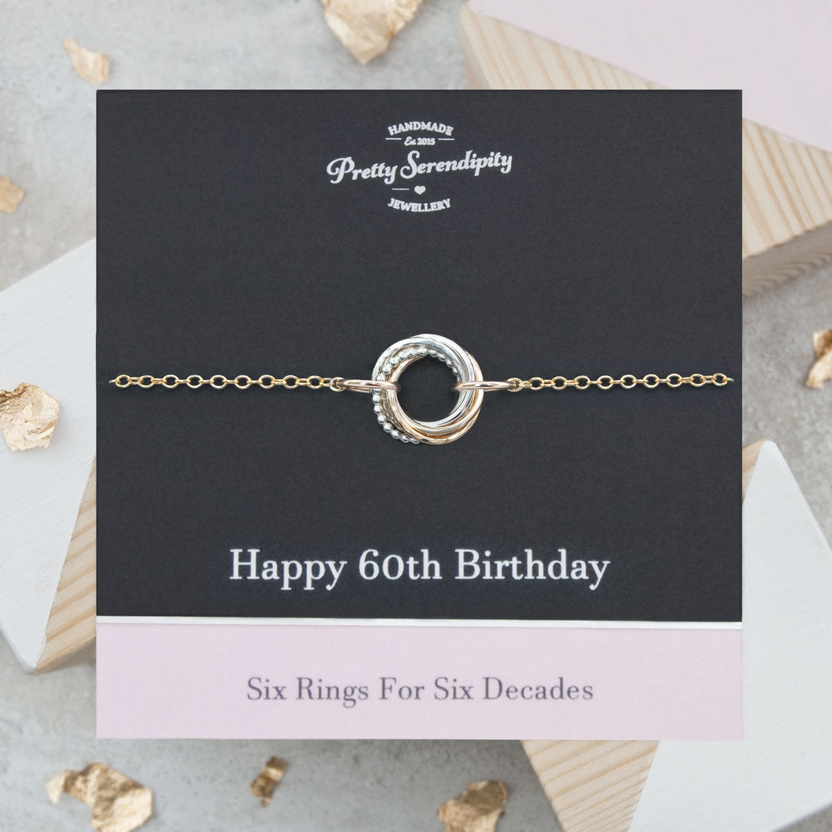 60th Birthday Bracelet – 6 Rings for 6 Decades – Silver and Gold