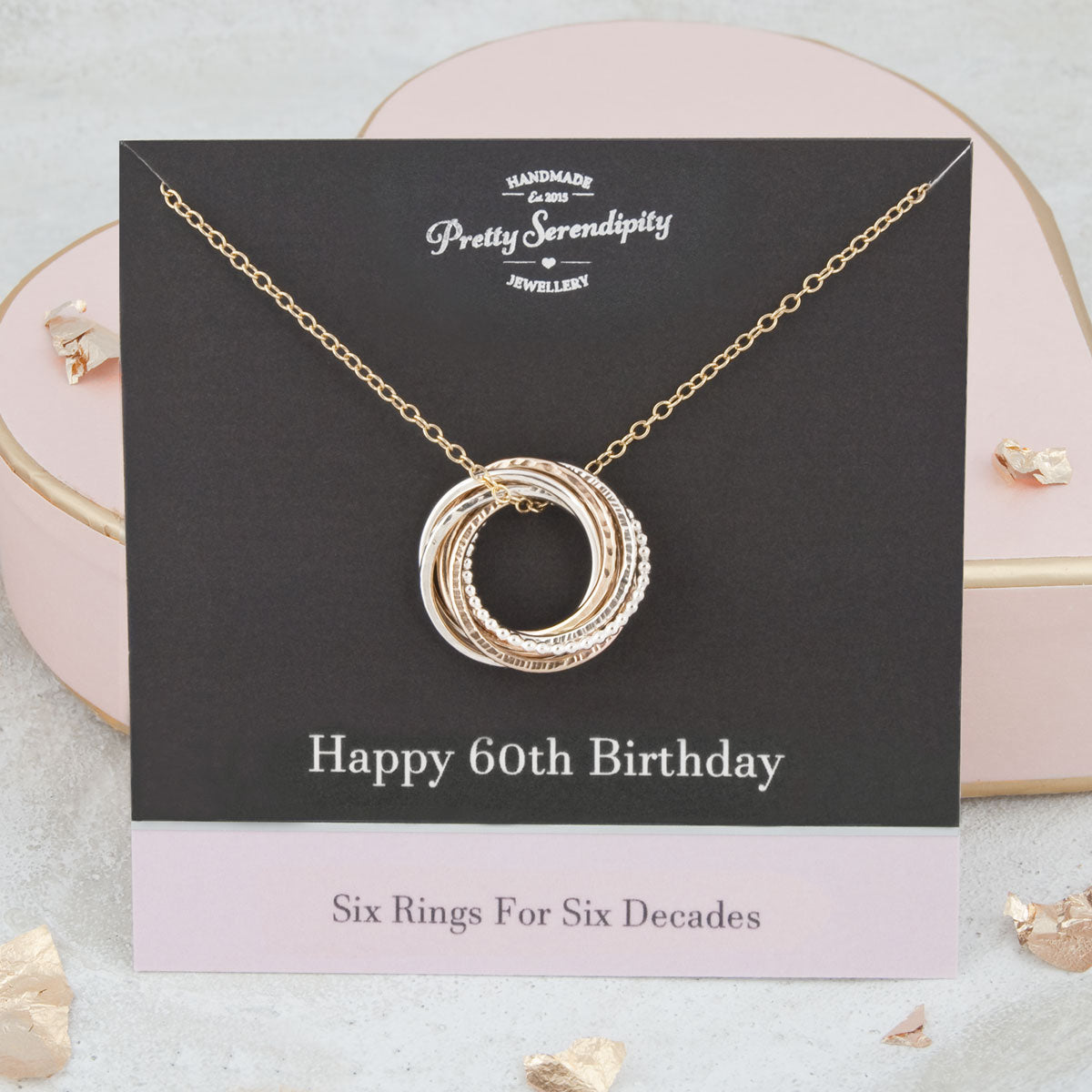 60th Birthday Necklace – 6 Rings for 6 Decades – Silver and Gold