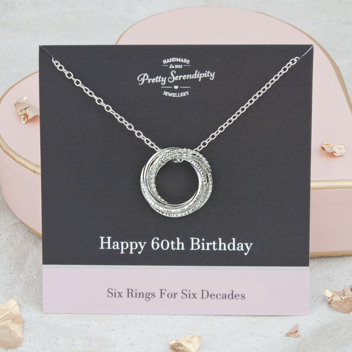 60th Birthday Necklace – 6 Rings for 6 Decades – Sterling Silver – Textured