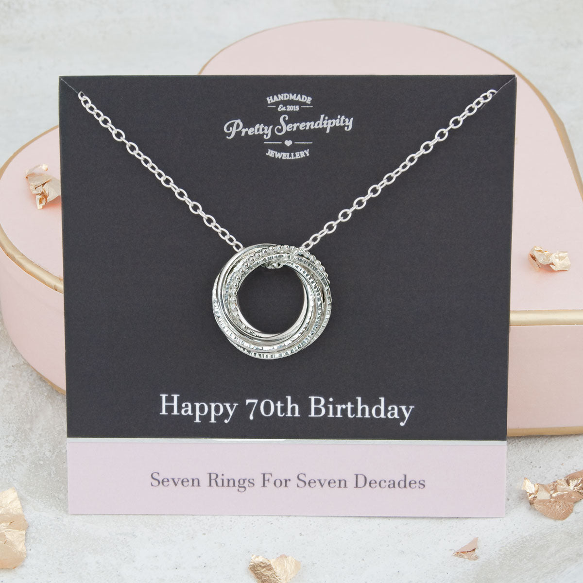 70th Birthday Necklace 7 Rings For 7 Decades Textured Silver