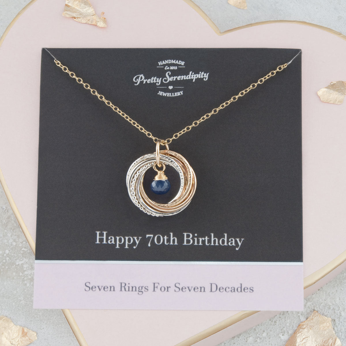 70th Birthday Birthstone Necklace – 7 Rings for 7 Decades – Silver and Gold