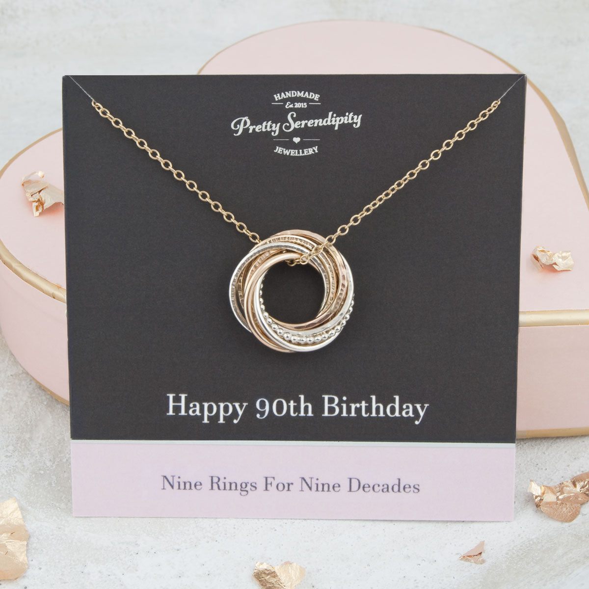 90th Birthday Necklace – 9 Rings for 9 Decades – Silver and Gold
