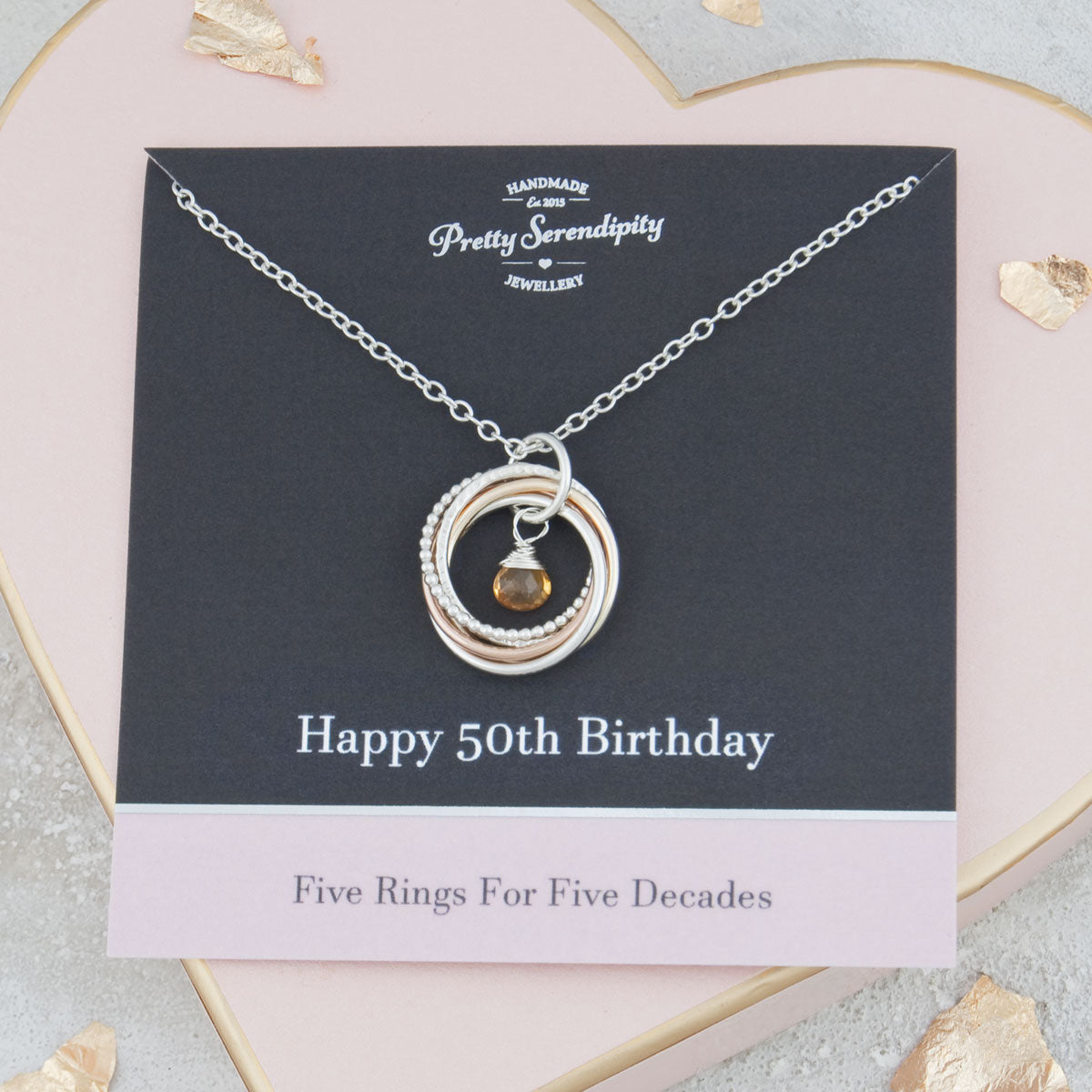 50th Birthday Birthstone Necklace – 5 Rings for 5 Decades – 9ct Gold and Silver