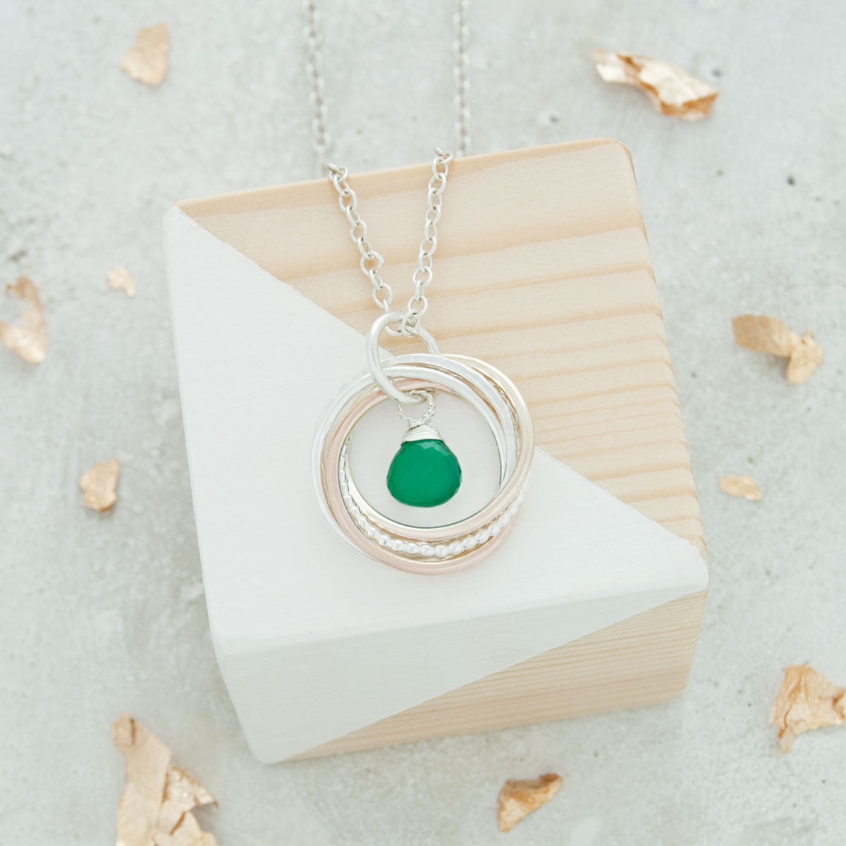 50th Birthday Birthstone Necklace – 5 Rings for 5 Decades – 9ct Gold and Silver