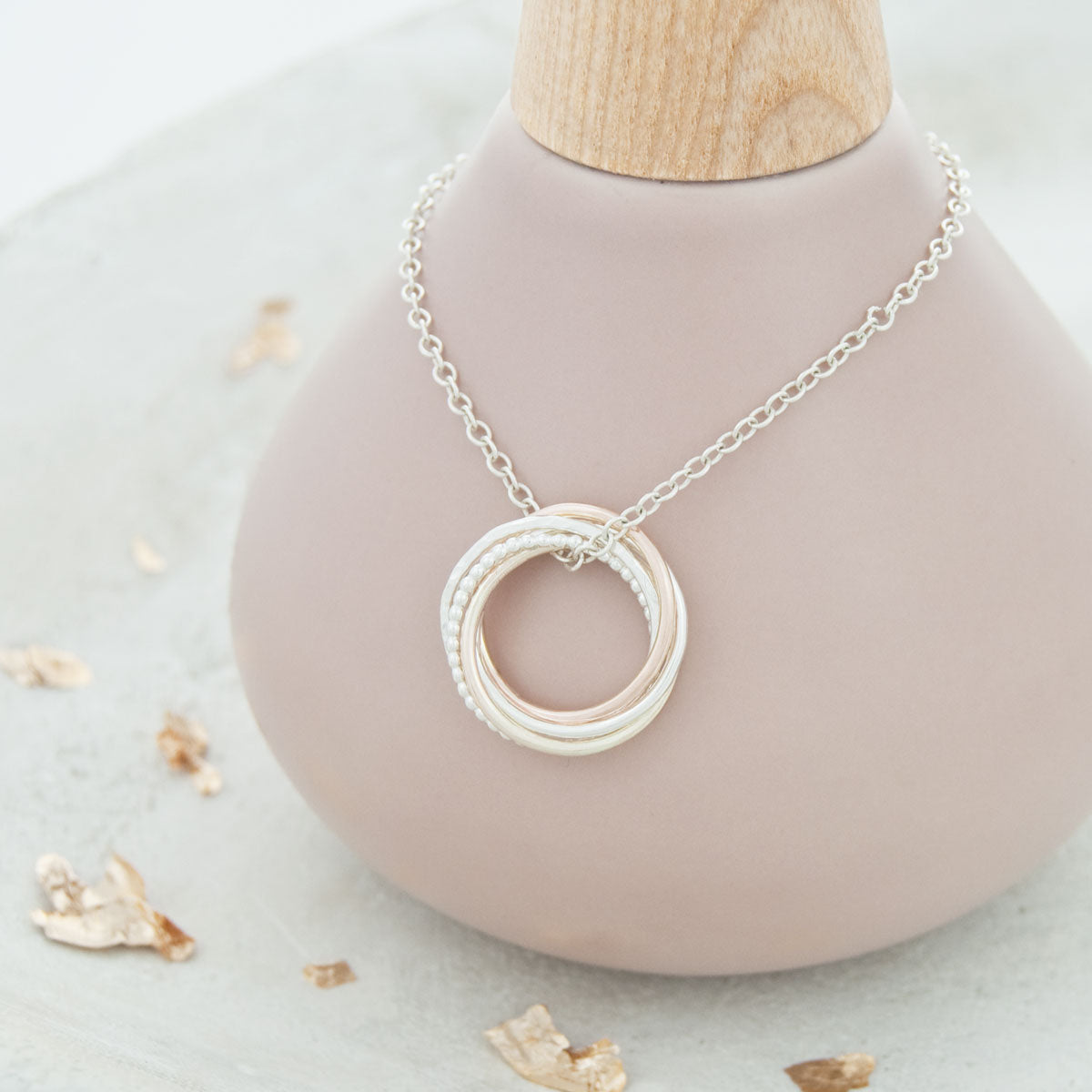 50th Birthday Necklace – 5 Rings for 5 Decades – 9ct Gold and Silver