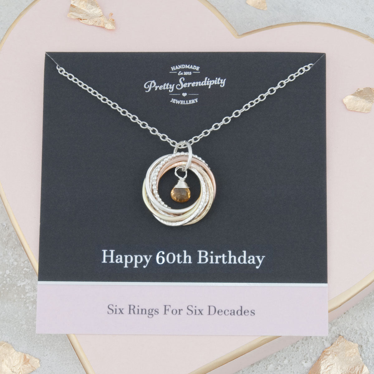 60th Birthday Birthstone Necklace – 6 Rings for 6 Decades – 9ct Gold and Silver