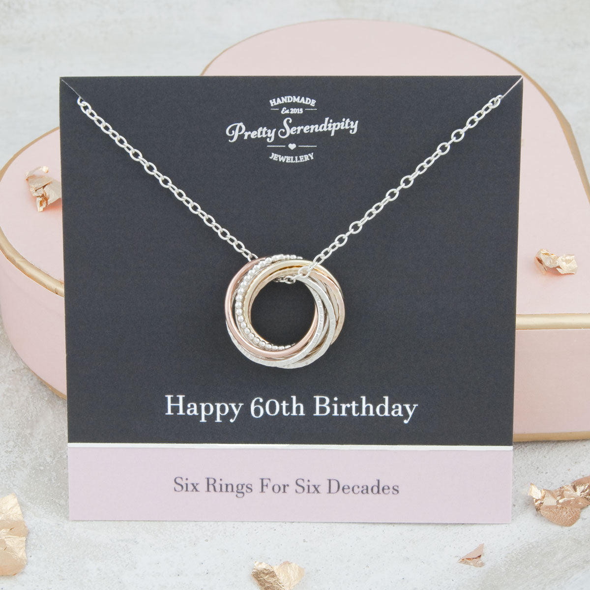 60th Birthday Necklace – 6 Rings for 6 Decades – 9ct Gold and Silver