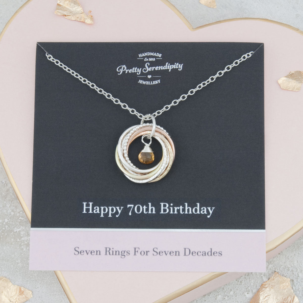 70th Birthday Birthstone Necklace – 7 Rings for 7 Decades – 9ct Gold and Silver