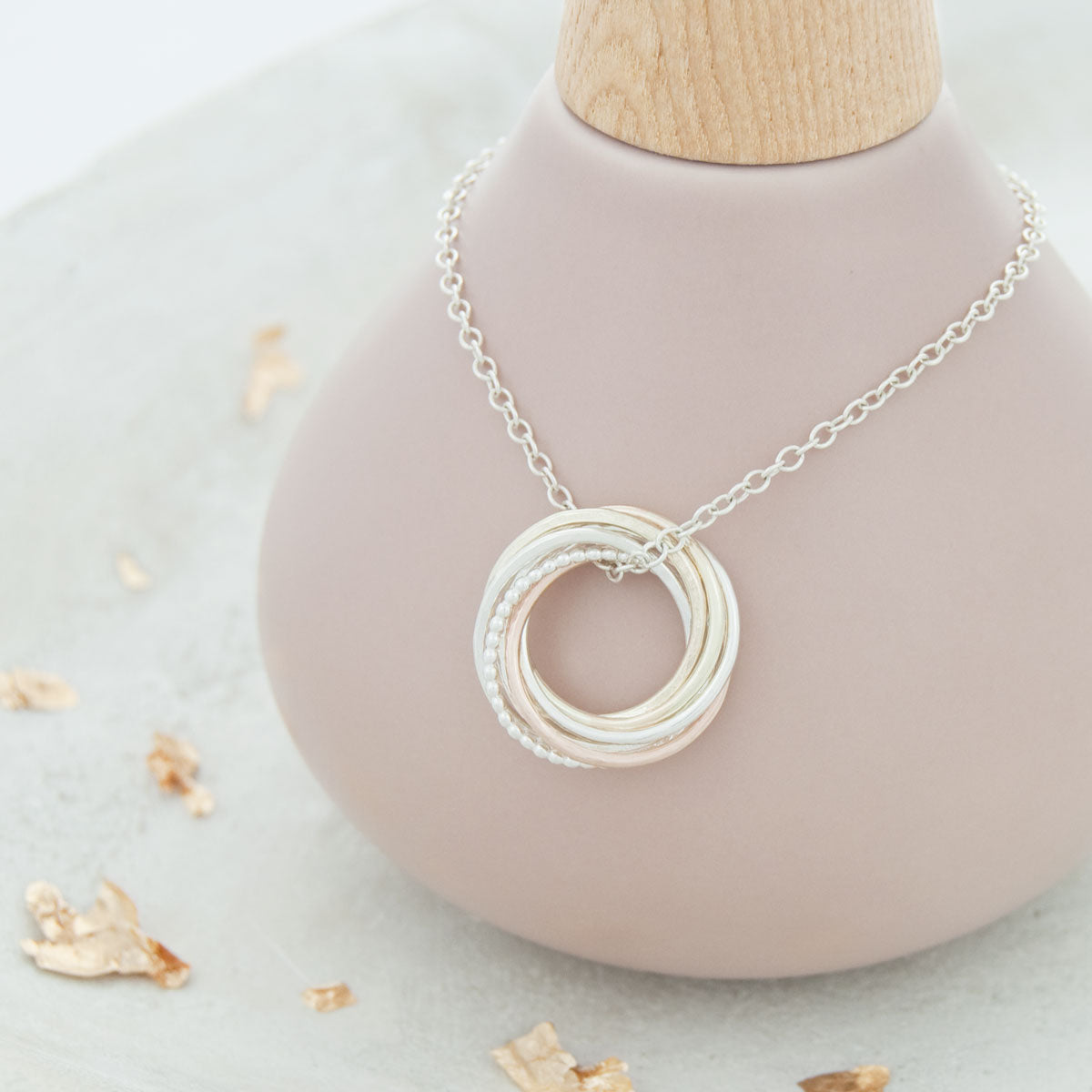 70th Birthday Necklace – 7 Rings for 7 Decades – 9ct Gold and Silver