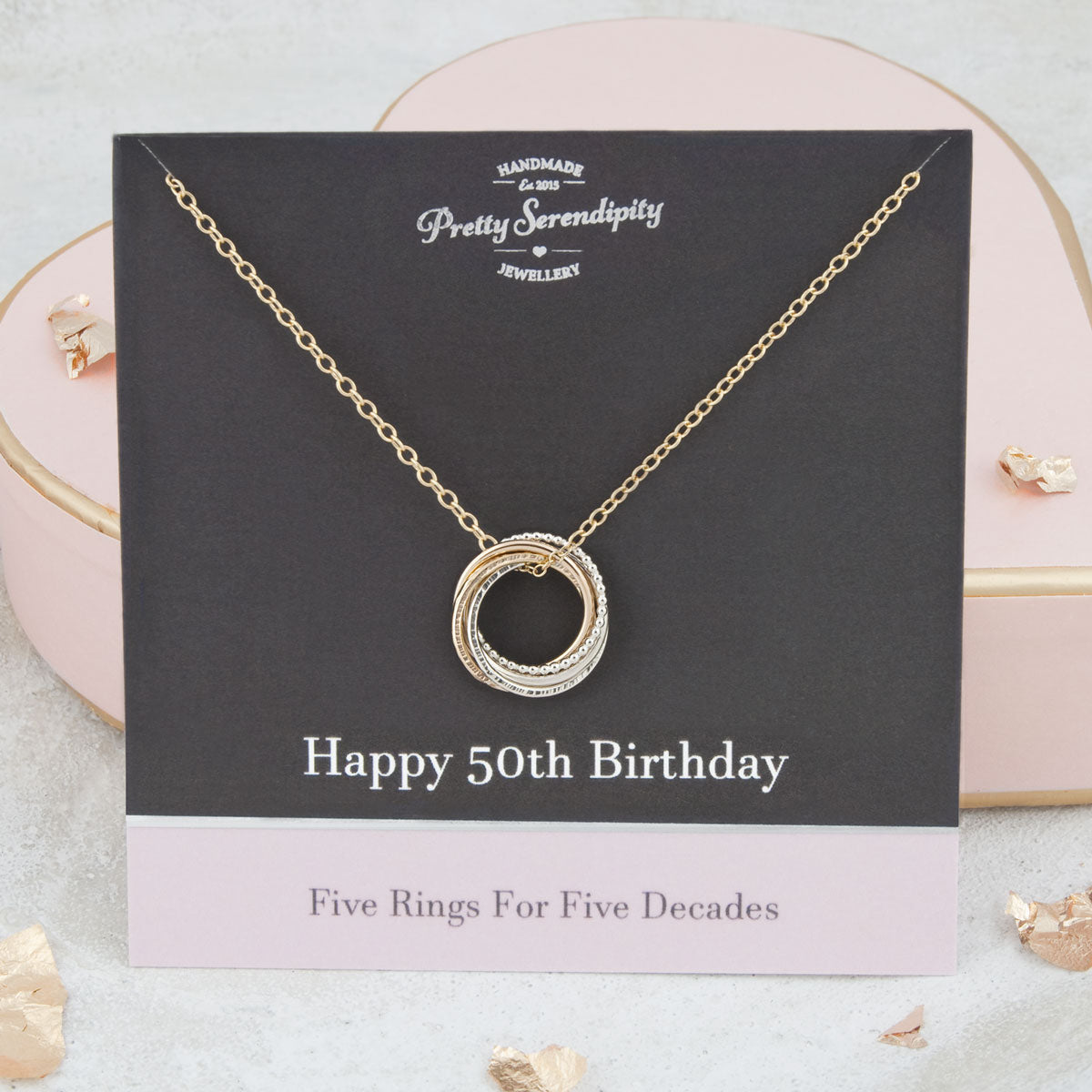 Mini 50th Birthday Necklace – 5 Rings for 5 Decades – Silver and Gold