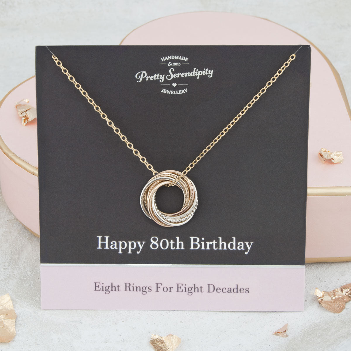 Mini 80th Birthday Necklace – 8 Rings for 8 Decades – Silver and Gold
