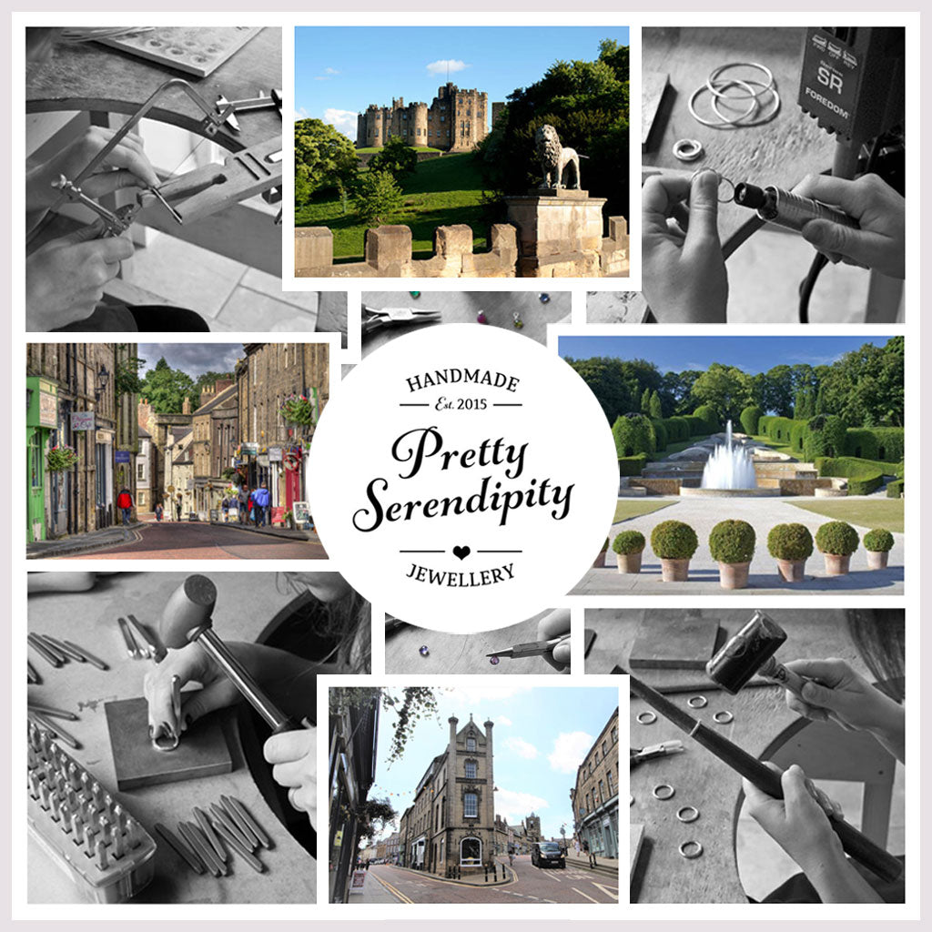 Collage of images showing jewellery being handcrafted alongside images of historic landmarks in Alnwick, Northumberland