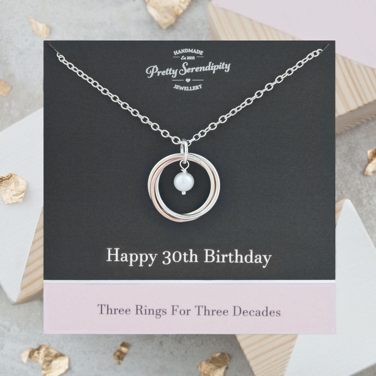 30th Birthday Birthstone Necklace – 3 Rings for 3 Decades – 9ct Gold and Silver