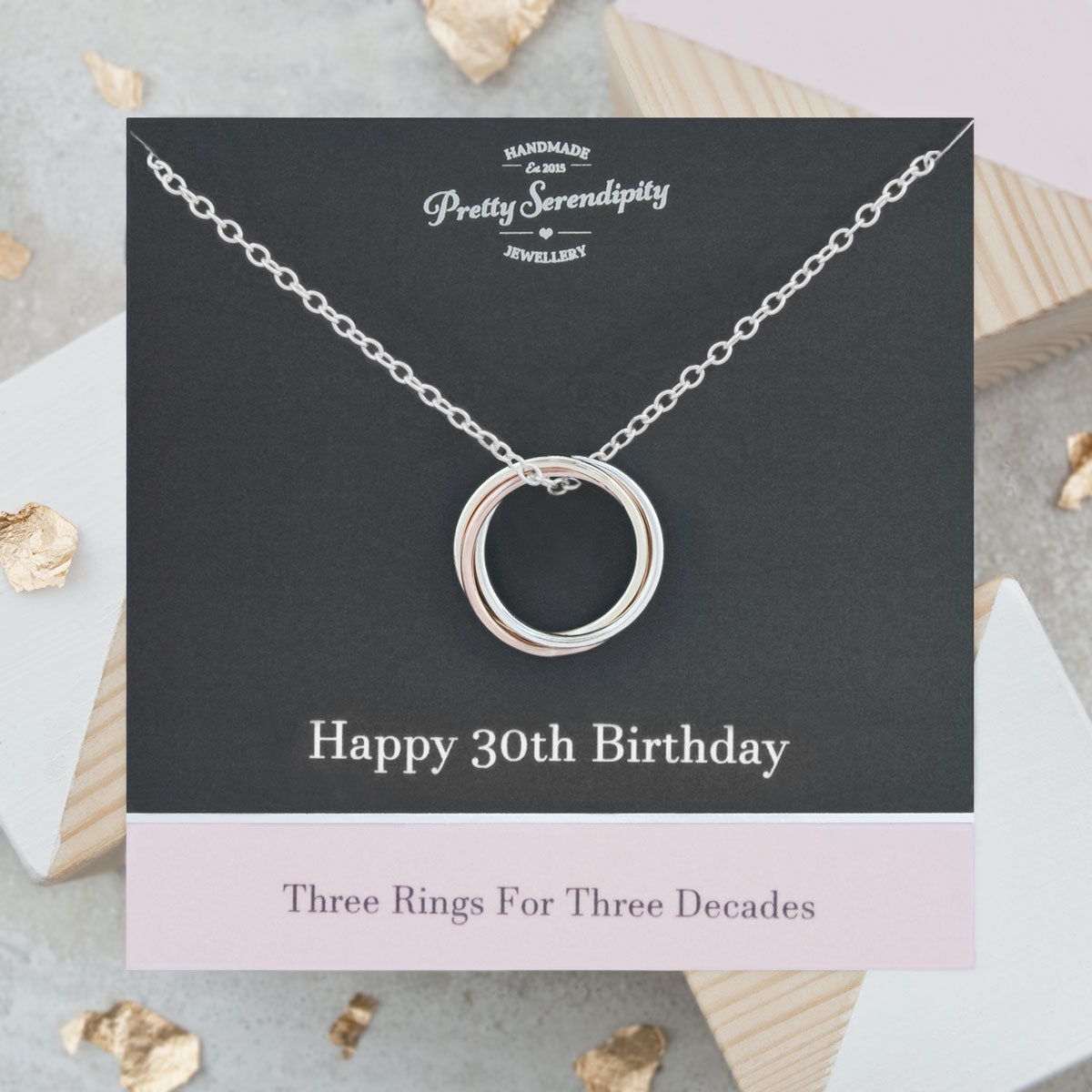 30th Birthday Necklace – 3 Rings for 3 Decades – 9ct Gold and Silver
