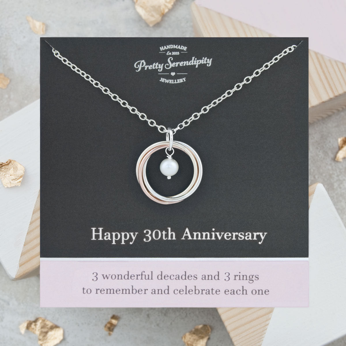 30th Pearl Anniversary Necklace – 3 Rings for 3 Decades – 9ct Gold and Silver