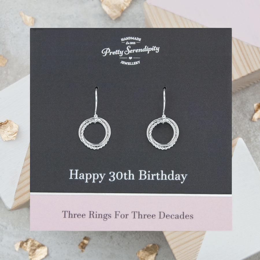 30th Birthday Earrings – 3 Rings for 3 Decades – Sterling Silver – Textured