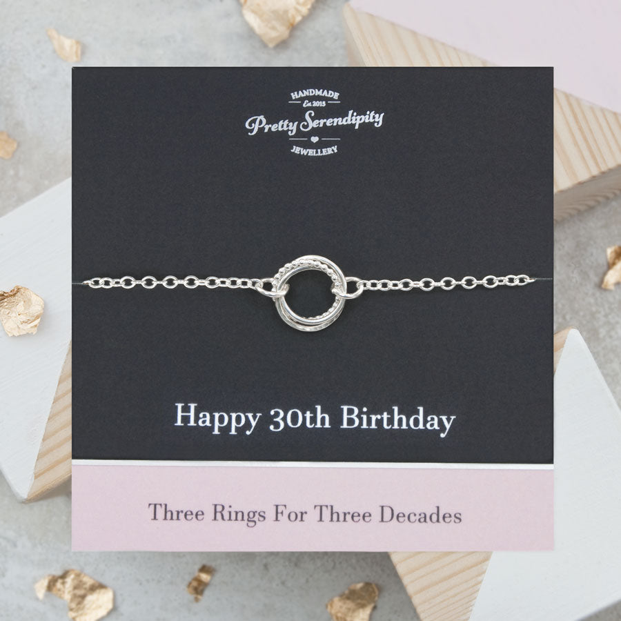 30th Birthday Bracelet – 3 Rings for 3 Decades – Sterling Silver – Textured