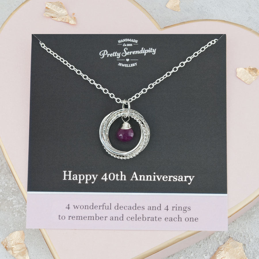 40th Ruby Anniversary Necklace – 4 Rings for 4 Decades – Sterling Silver – Textured