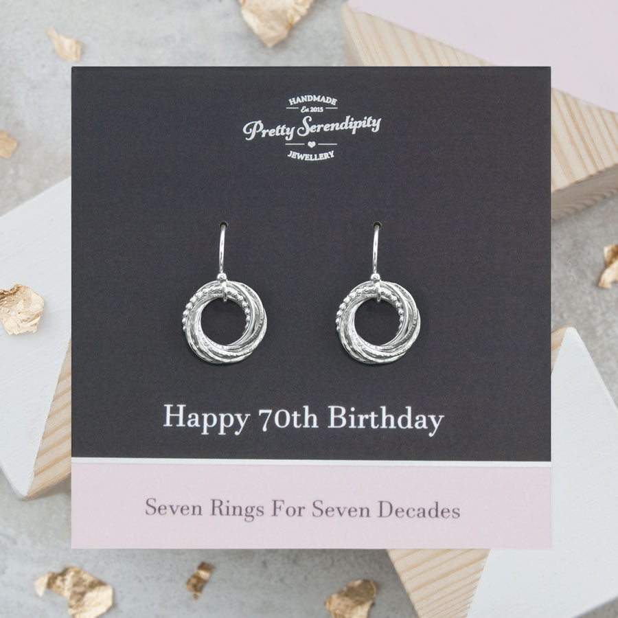 70th Birthday Earrings – 7 Rings for 7 Decades – Sterling Silver – Textured