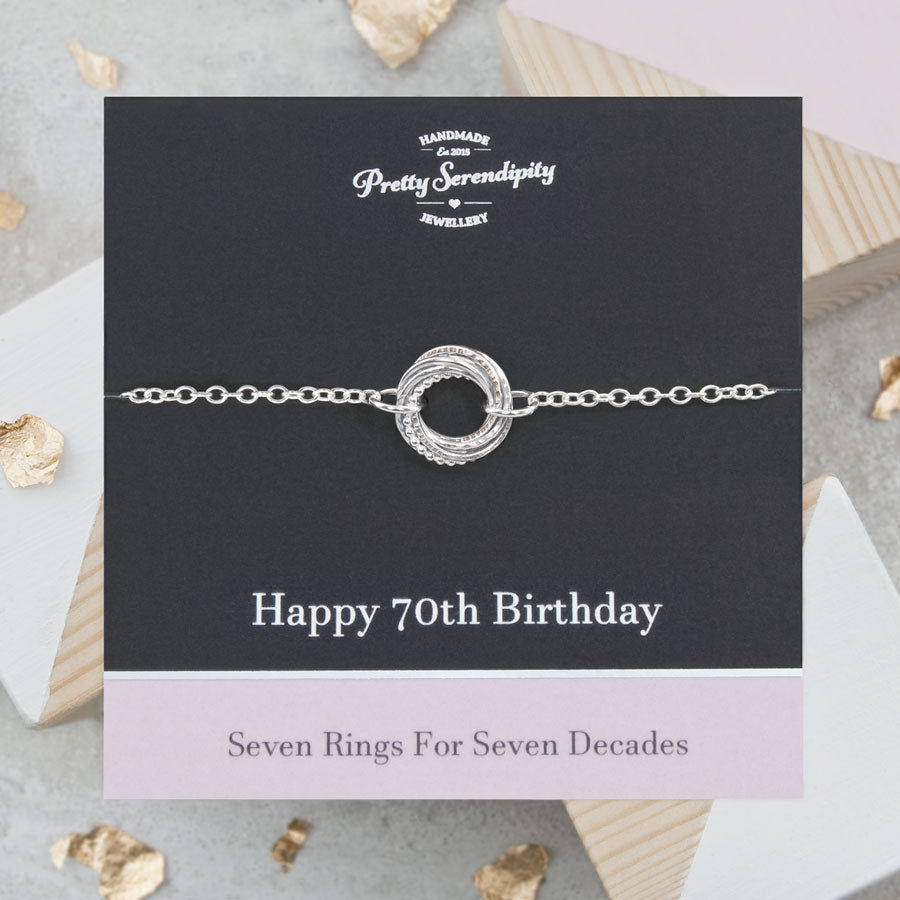 70th Birthday Bracelet – 7 Rings for 7 Decades – Sterling Silver – Textured